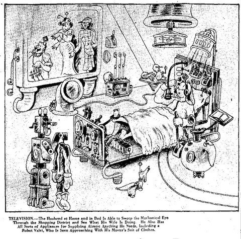 1932 - Robots y casas inteligentes

Esta imagen publicada en diciembre de 1932 en el diario San Antonio Light, muestra como una persona desde la cama puede controlar varios aspectos de su vida, desde ver a su esposa haciendo las compras, hasta un robot mayordomo que le acerca la
