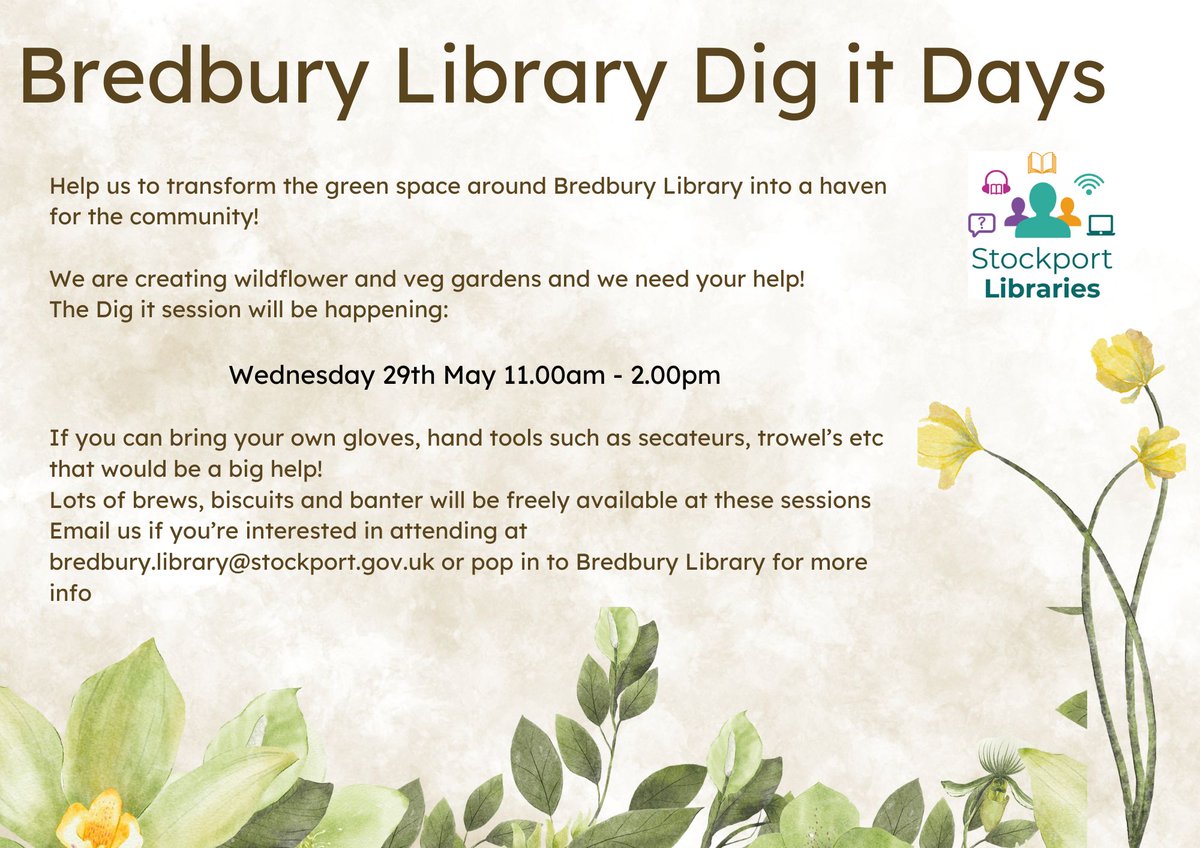Please join us for Dig it Day at Bredbury Library, where we will be planting wildflower and vegetable gardens! Any contributions will be highly appreciated, please see below for details. 🌱📚