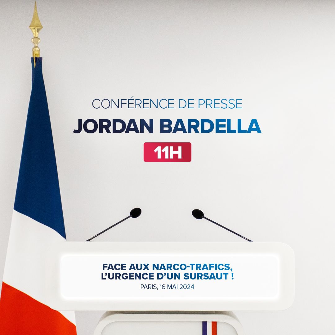 🔴 Dès 11h, suivez en direct la conférence de presse de @J_Bardella : Face aux narco-trafics, l’urgence d’un sursaut ! La conférence est à suivre en direct sur ses réseaux sociaux X, Facebook et YouTube. #VivementLe9Juin