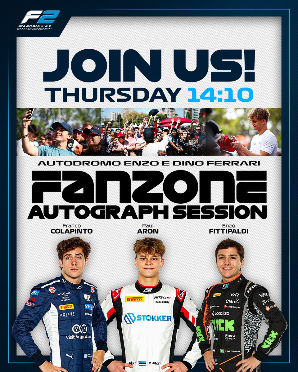 Catch you in the Fan Zone? 🤔 Franco, Paul, and Enzo will be waiting over there for you at 14:10 track time! ⏰ #F2 #ImolaGP