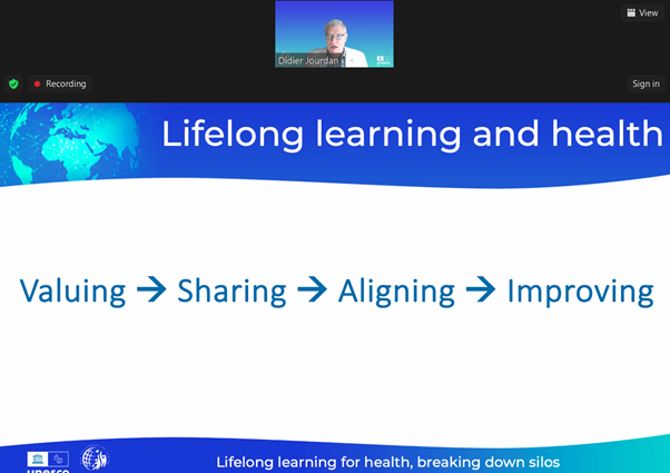 Day 4 of #EUPHW - webinar hosted by our @UNESCOchairGHE - @didjourdan speaking about breaking down silos - this can be done by Valuing, Sharing, Aligning and Improving what is already done by many community actors to improve health across the lifecourse - @UIL Yeonsu declaration