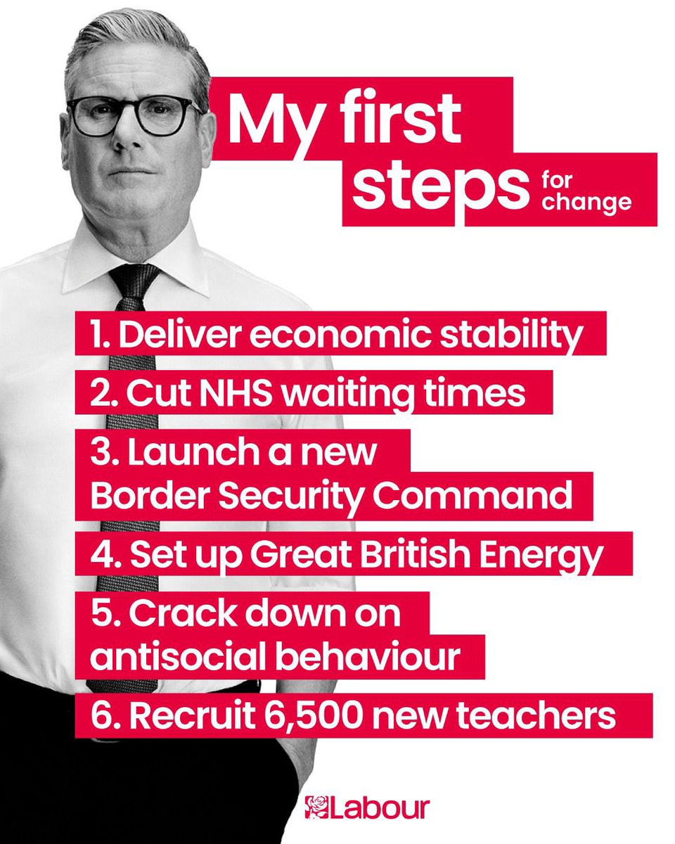 These are @Keir_Starmer’s first steps for change. 👇 ✅Deliver Economic Stability ✅Cut NHS waiting times ✅Launch a new Border Security Command ✅Set up Great British Energy ✅Crack down on anti-social behaviour ✅Recruit 6,500 teachers Let's get Britain's future back! 🌹