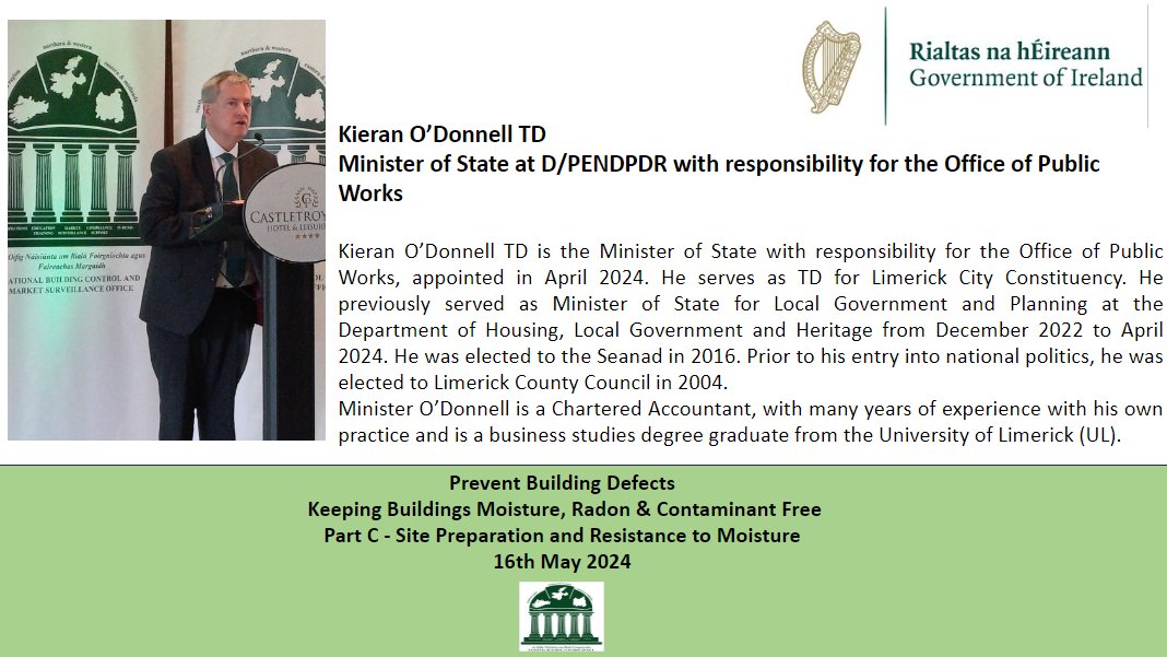 Kieran O'Donnell TD,@kodonnellLK, getting proceedings underway at the @NBCOIreland CPD Day - Prevent Building Defects, Keeping Buildings Moisture, Radon & Contaminant Free #PartC #PartD