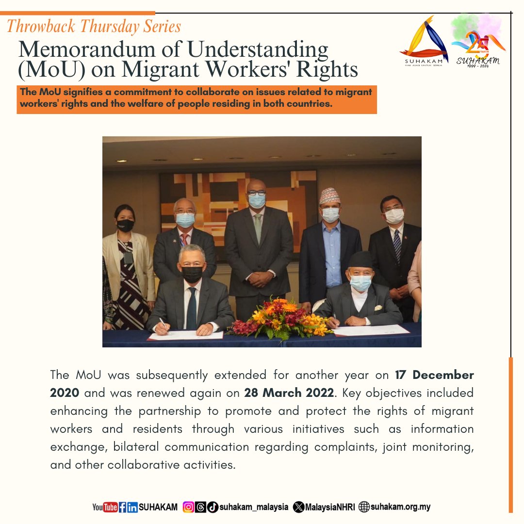 𝗧𝗵𝗿𝗼𝘄𝗯𝗮𝗰𝗸 𝗧𝗵𝘂𝗿𝘀𝗱𝗮𝘆

MoU on Migrant Workers' Rights

#SUHAKAM
#HumanRightsForAll
#HakAsasiUntukSemua 
#MigrantWorkers