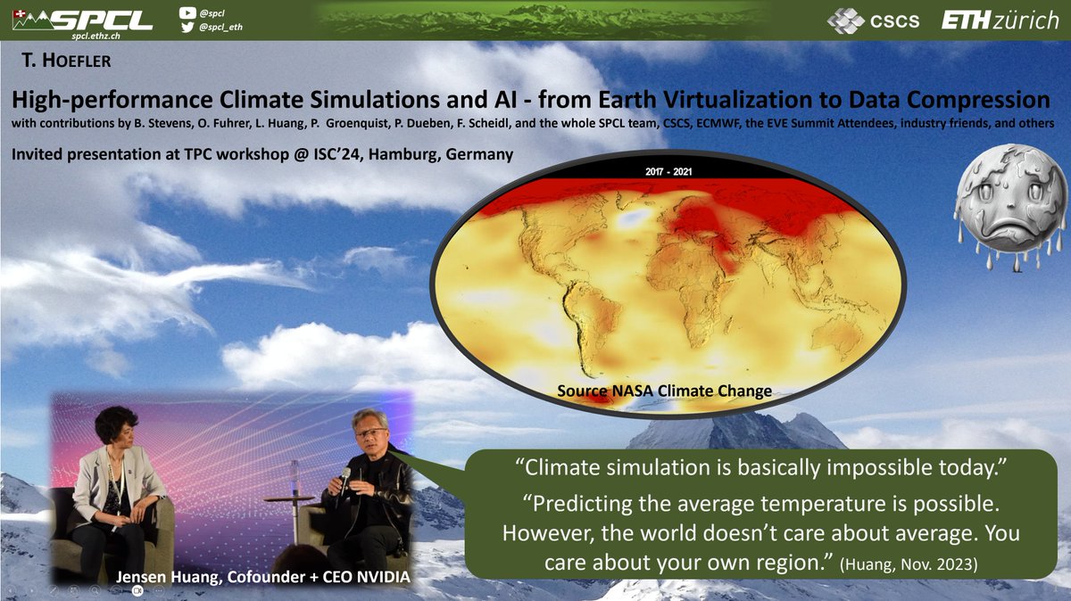 thoefler's tweet image. If you&apos;re still at #ISC24 at 11:55am then join us at the #TPC workshop in room Y9! 

I will speak about AI4Climate and it&apos;s many opportunities! With brand new results (from this morning!) in data-driven assimilation of measurements (paper to appear at #ICML24).

See you! #HPC