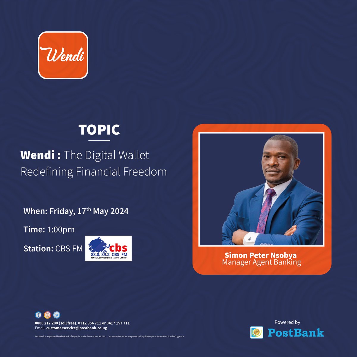 What does financial freedom mean to you? Tune in to @cbsfm_ug this Friday at 1:00 PM as Simon Peter Nsobya, our Manager of Agent Banking, discusses how Wendi can help you achieve your financial goals. #WendiWallet