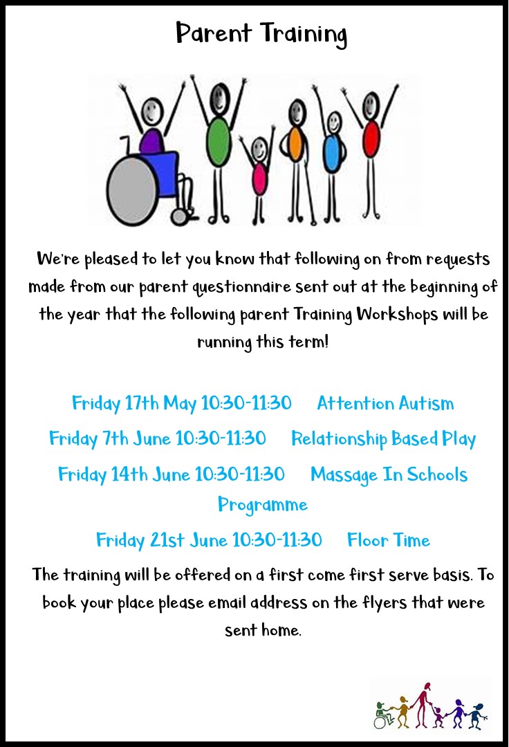 FAO families Just a reminder that we have our parent training workshops running over the next few weeks! Don't forget to get in contact to book on