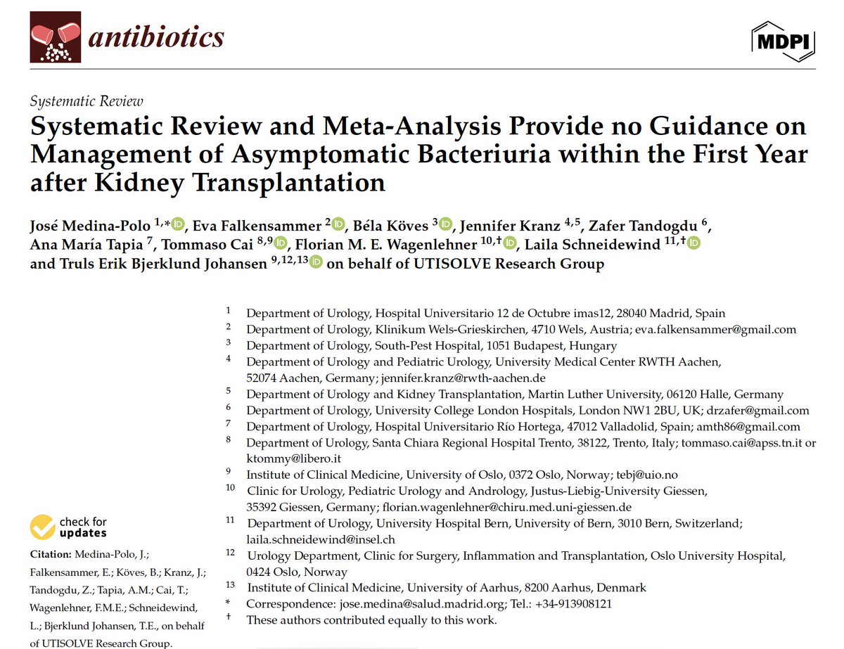 #UTIsolve research group published on @antibioticsmdpi The systematic review provides no Guidance onManagement of Asymptomatic Bacteriuria after Kidney Transplant. Antibiotics can be avoided @ESIUeau @ZaferTandogdu
