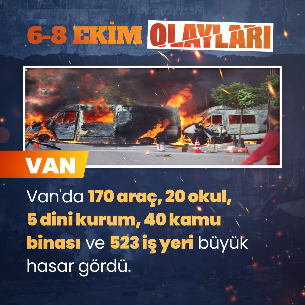Unutmadık! 6 8 Ekim Olayları'nda (Kobani Terör Kalkışması) terör örgütü elebaşlarının sokak çağrıları üzerine Van'da; 170 araç, 20 okul, 5 dini kurum, 40 kamu binası ve 523 iş yeri büyük hasar görmüştü.