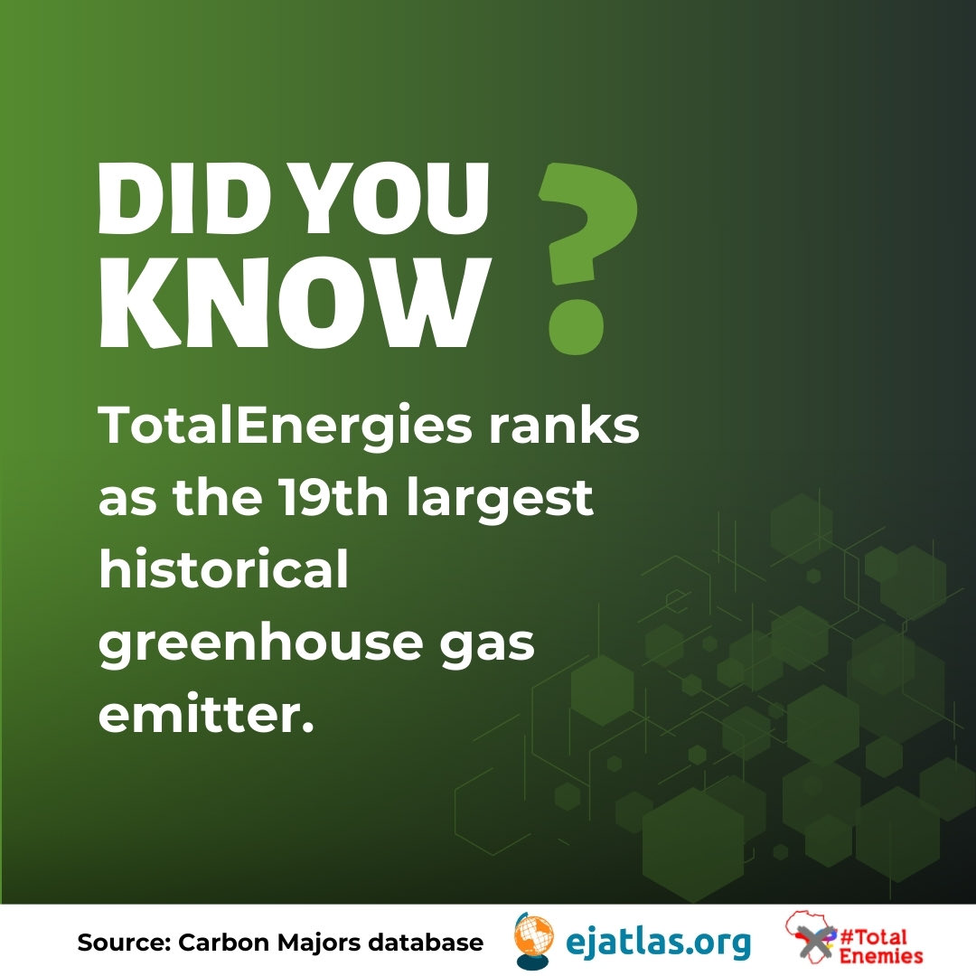 Did you know ? @TotalEnergies ranks as the 19th largest historical greenhouse gas emitter. New research by EJAtlas details the political ecology of @TotalEnergies. #KickTotalOutofAfrica