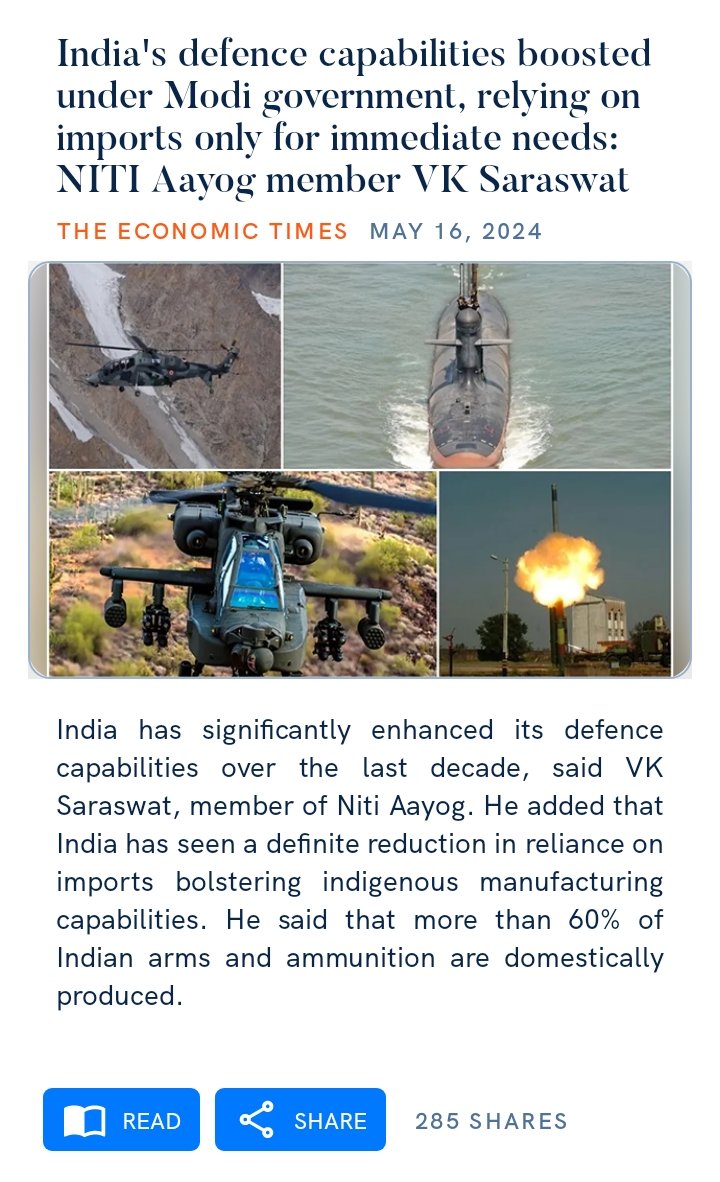 India's #defencecapabilities boosted under #Modigovernment, relying on imports only for immediate needs: #NITIAayog member VK Saraswat 

#selfreliance #aatmanirbharta 

economictimes.indiatimes.com/news/defence/i…