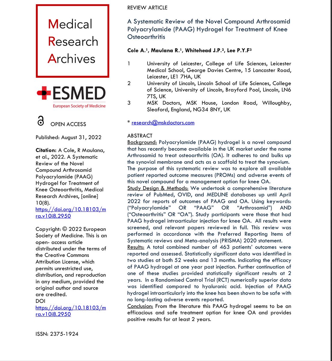 OMG a systematic review with a ridiculous positive spin based on five studies that 3 by same author (2 on same cohort) Non-placebo controlled A Systematic Review of the Novel Compound Arthrosamid Polyacrylamide (PAAG) Hydrogel for Treatment of Knee esmed.org/MRA/mra/articl…