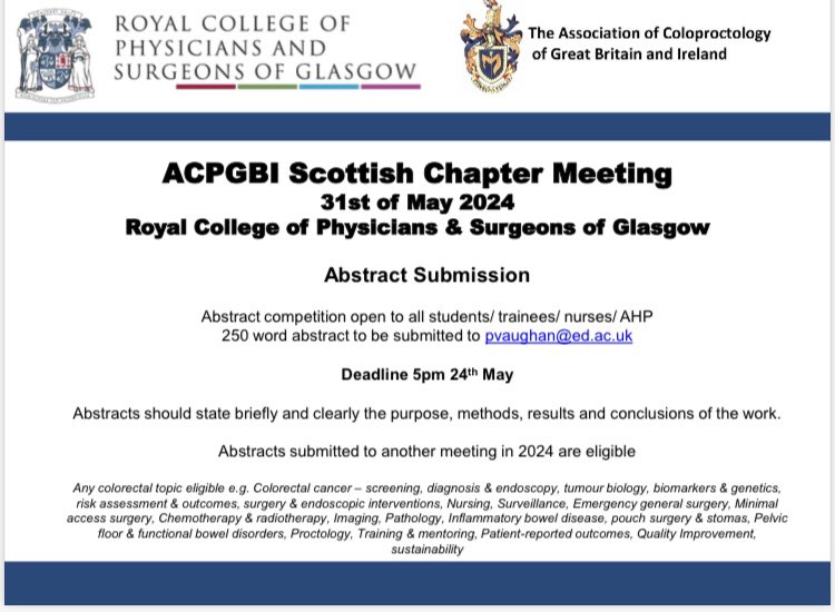 Scotland_ACPGBI (@scotland_acpgbi) on Twitter photo The next <a href="/Scotland_ACPGBI/">Scotland_ACPGBI</a> meeting is just two weeks away but still time to get your abstracts in. Abstracts accepted to other meetings this year are eligible. Great opportunity to present your work
<a href="/Dukes_Club/">The Dukes' Club</a> <a href="/ASGBI_MA/">ASGBI Moynihan Academy</a> The next <a href="/Scotland_ACPGBI/">Scotland_ACPGBI</a> meeting is just two weeks away but still time to get your abstracts in. Abstracts accepted to other meetings this year are eligible. Great opportunity to present your work
<a href="/Dukes_Club/">The Dukes' Club</a> <a href="/ASGBI_MA/">ASGBI Moynihan Academy</a>