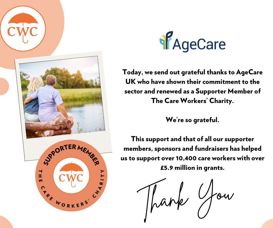 🎉Our grateful thanks goes out to @AgeCareUK who have shown their commitment to the sector and renewed as a Support Member of The Care Workers’ Charity 😍 We’re so thankful. #ThankYou #SupporterMember #CareProviders #CareWorkers #ThankYouThursday #TheCareWorkersCharity