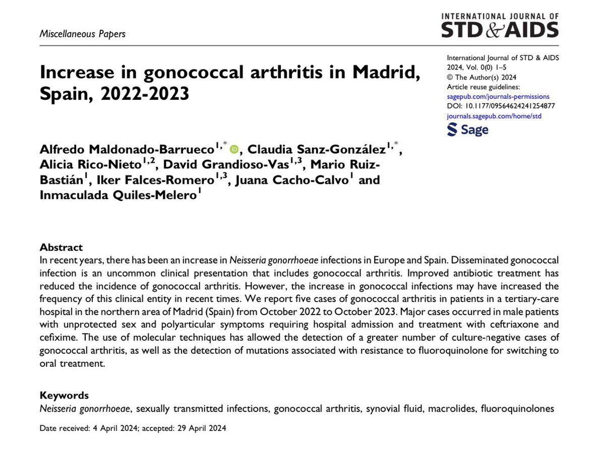 📈We report an increase in gonococcal #arthritis in our healthcare area 🦴@miqme @alirri @GrandiosoMD 👉🏼5️⃣ cases reported during October 2022-2023 👉🏼Diagnosis by culture or RT-PCR directly in joint fluid🧬 👉🏼⬆️FQ resistance ➡️ Switching to oral cefixime journals.sagepub.com/eprint/NBNRG3D…