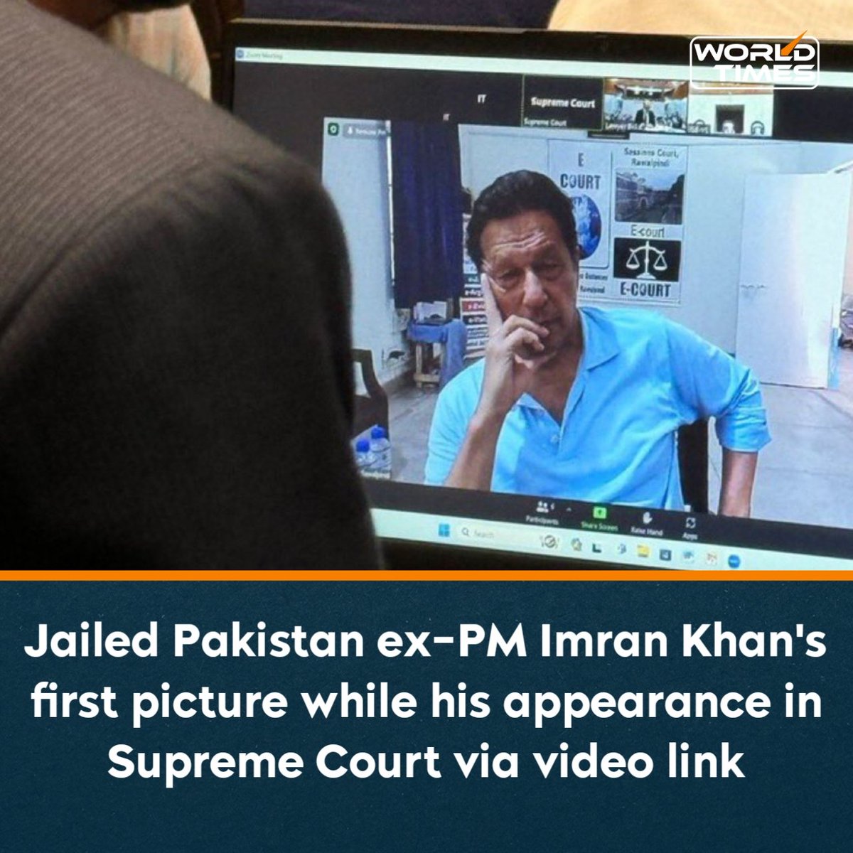 Pakistan's former Prime Minister Imran Khan’s party share his first picture while his appearance in #SupremeCourt via video link from prison, in connection with a case he has filed against amendments to Pakistan's anti-graft laws.