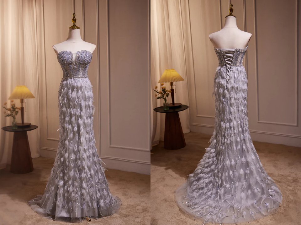 Unique Sweetheart Neck Mermaid Gray Long Prom Dress with Beads