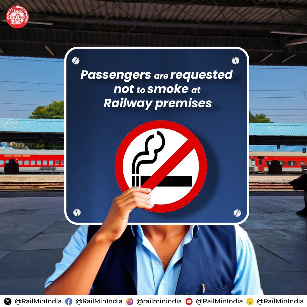 Smoking on Railway premises is a punishable offence. Let’s be responsible and respectful towards our fellow passengers. #ResponsibleRailYatri
