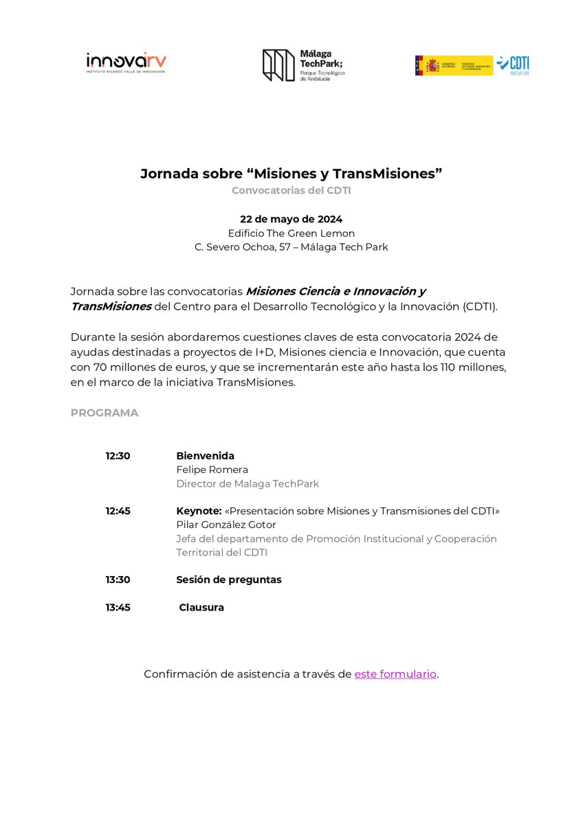 El 22 de mayo, a las 12:30h, The Green Lemon acoge la jornada sobre las convocatorias 'Misiones Ciencia e Innovación y TransMisiones' del @CDTI_innovacion, donde se abordarán cuestiones clave sobre la convocatoria de ayudas destinadas a proyectos de I+D. 👉pta.es/noticias/event…