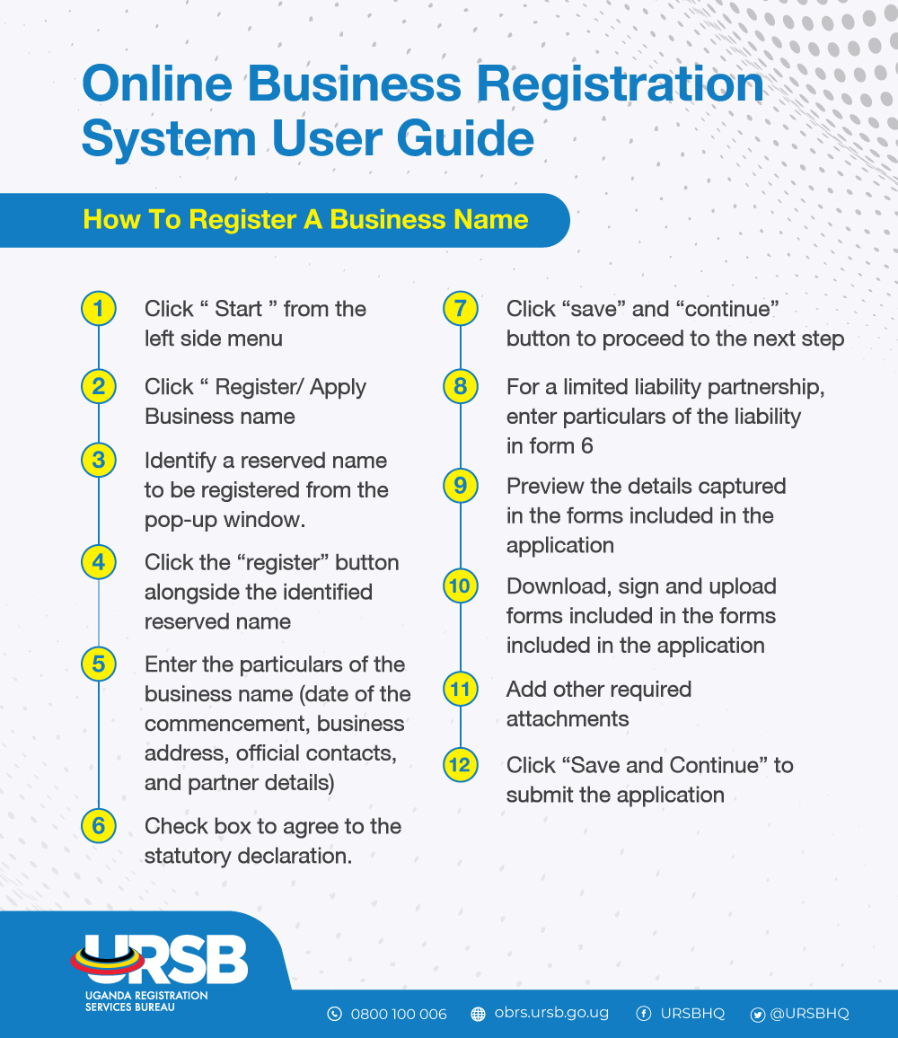 No need to brave the 🌧️ to come to our offices—our OBRS User Guide shows you how to register your business name online in just a few steps. Visit: obrs.ursb.go.ug/search. #BusinessRegistrationUG