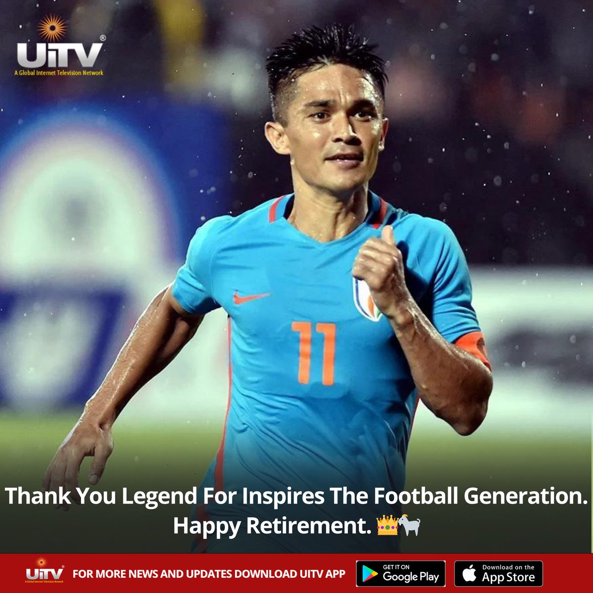 A heartfelt tribute to a football icon! 🙌🏽⚽ Thank you for inspiring generations with your unparalleled talent and passion for the game. 🌟 🇮🇳 Wishing you a happy retirement and endless success in your future endeavors! 👑🐐 #FootballLegend #InspirationForever #SunilChhetri