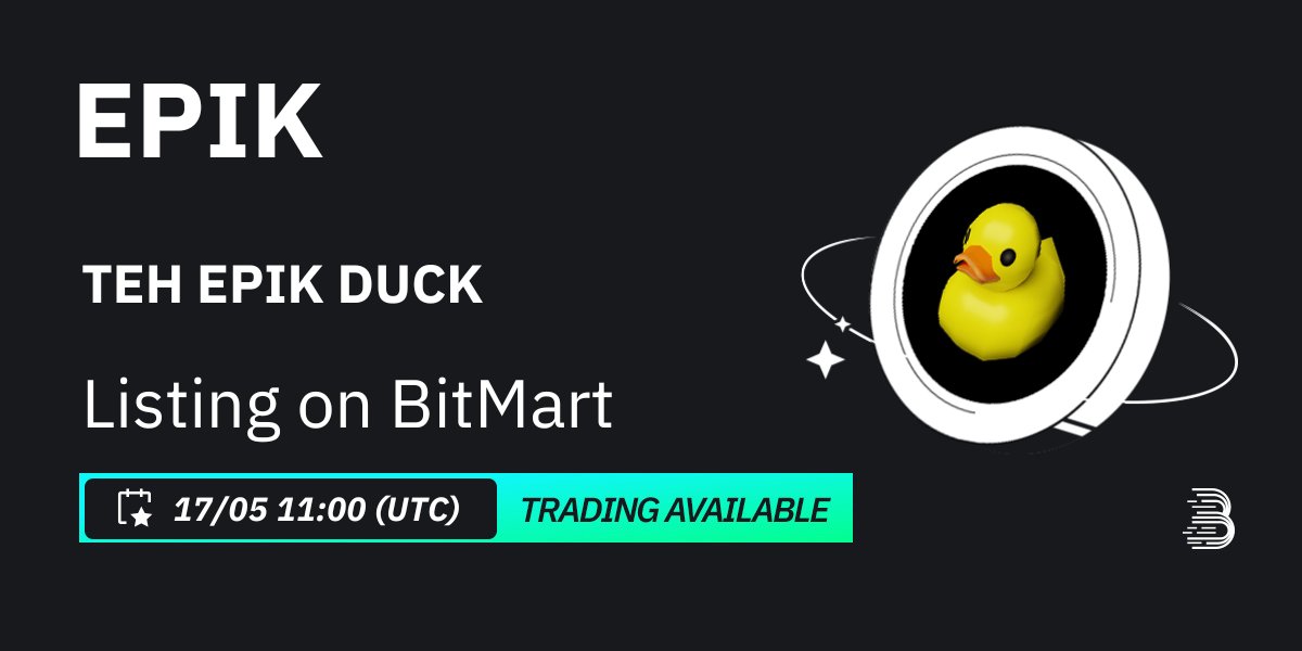 #BitMart will list TEH EPIK DUCK (EPIK) <a href="/epikduckcoin/">EPIK DUCK</a> on our digital assets platform on May 17, 2024 🤩

💰Trading pair: $EPIK/USDT
💎Deposit: 5/16/2024 11:00 AM UTC
💎Trading: 5/17/2024 11:00 AM UTC

Learn more: support.bitmart.com/hc/en-us/artic…