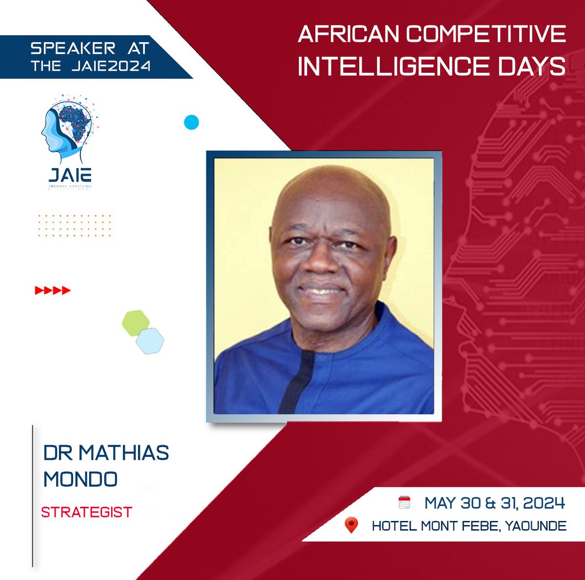 Strategist , Dr @Mathiasmondo will be taking part in the 7th edition of the  #JAIE2024 from 30 to 31 May 2024.  

Read his profile here : les-jaie.info/en/panelists/

#CAVIE #IntelligenceEconomique #MarchésAfricains #JAIE2024