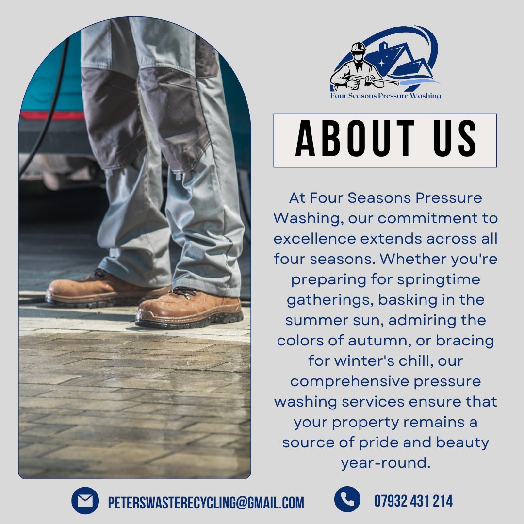 At Four Seasons, Cleanliness is Our Commitment. Let us elevate your property's appeal!

07932431214
peterswasterecycling@gmail.com

#FourSeasonsPressureWashing #FourSeason #PressureWashing #OutDoorCleaning #Brickwork #Patios #Driveways #CarAndVans #Cleaning