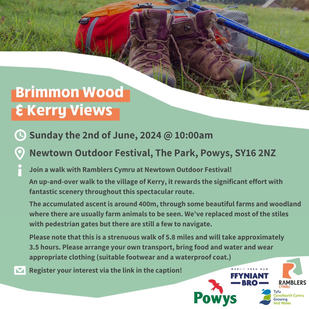 Join a walk with Ramblers Cymru at Newtown Outdoor Festival!

📍 Newtown Outdoor Festival, The Park, Powys, SY16 2NZ
🗓 2/6/24 @ 10:00am
🕛 5.8 miles over 3.5hrs

Reserve your place and find out more here - buff.ly/3WHr2A6

@PowysCC @CSPowys @info_NOF @VisitMidWales