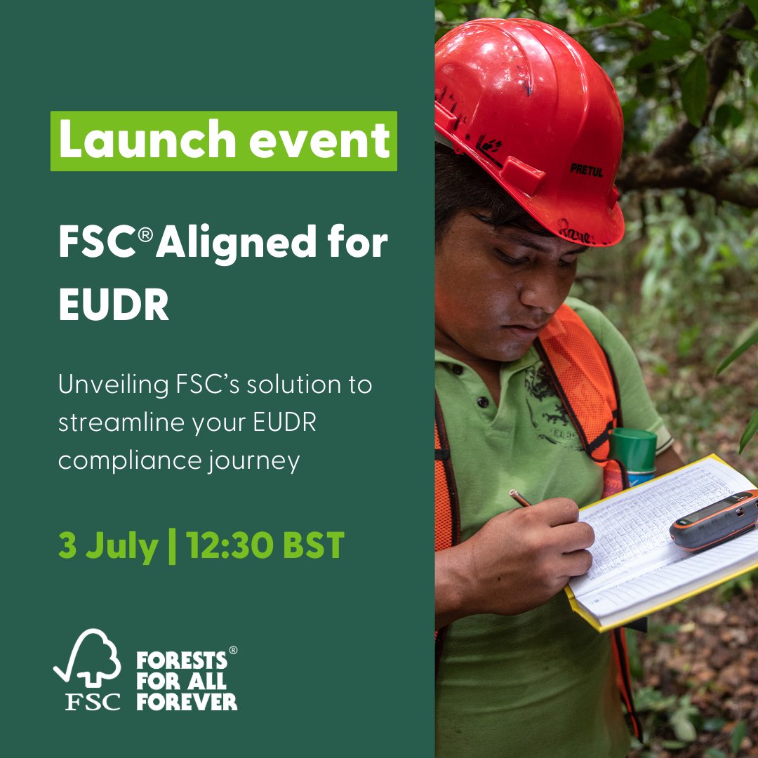 By the end of 2024, companies trading with forest products in the EU will have to comply with the #EUDR Join the FSC Aligned for EUDR launch event on 3 July find out about FSC's solutions to streamline the EUDR compliance journey ✅ Register👇 uk.fsc.org/newsfeed/launc…