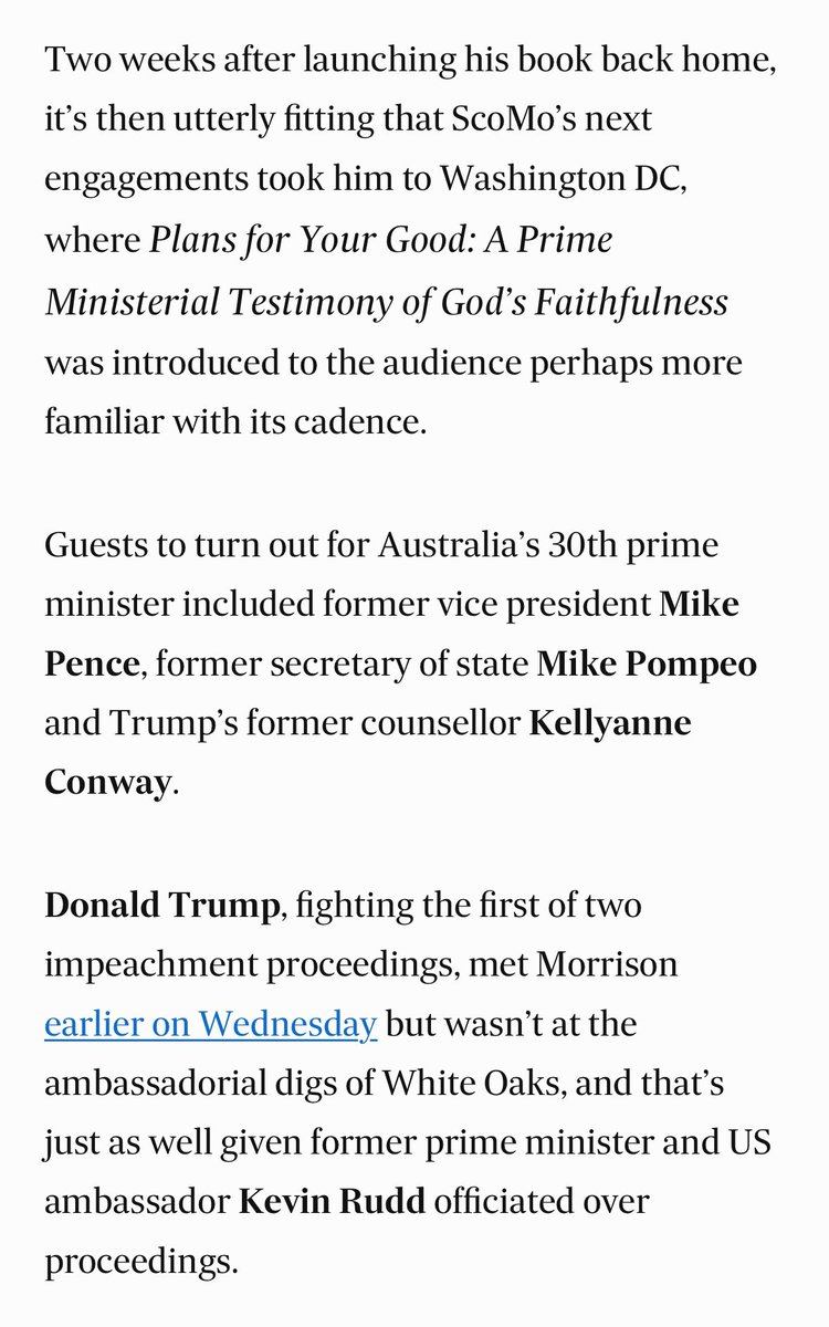 — @myriamrobin on the party Kevin Rudd threw for Scott Morrison’s book launch in Washington with ex Trump officials aplenty. afr.com/rear-window/tr…