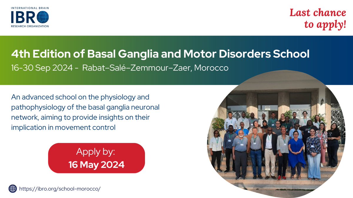 LAST CALL to apply for this school on basal ganglia & motor disorders in Morocco! 👉 Apply today: ow.ly/Ojji50RBi9A @ElfarrashSara @ElKadmiri5 @TemkouGwladys @Olamzz1 @rachaeldangare1 @Tom_DAT @Deleyele @desiretshala @SONAorg