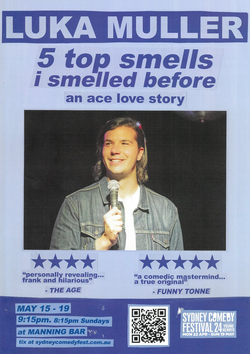 LukaCMuller's tweet photo. Here to say pretty please come to my show at Sydney Comedy Festival this week :) 9:15 at the Manning Bar every night, 8:15 Sunday. It has a scratch and sniff card. 

https://t.co/LtXGE5buWl https://t.co/pxh9G8lZiY
