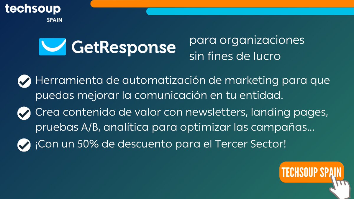 ¿Has probado #GetResponse, una de las mejores herramientas para la automatización de marketing de tu #ONG? Newsletters, landing pages, tests A/B, métricas y mucho más, con un 50% solo para entidades del #TercerSector. ¡Aprovecha para conseguir mucho más alcance para tu entidad!🙌