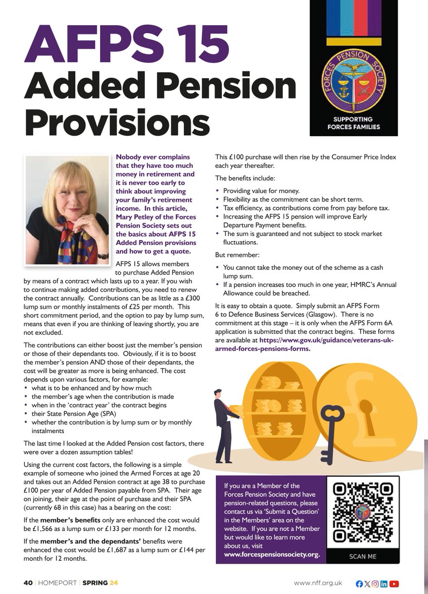 Are you still serving, and thinking of purchasing Added Pension? We offer some guidance in the Spring issue of the @The_NFF Homeport Mag at ow.ly/UBGK50RHmpn and scan the QR code for more on us. #ArmedForcesPensions #ArmedForces #MilitaryFamilies