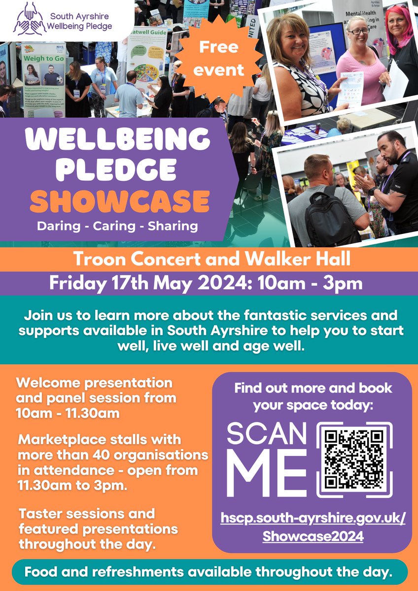 Do not miss tomorrow's South Ayrshire Wellbeing Pledge Showcase 2024 💜 With more than 40 organisations joining our marketplace and a list of exciting presentations and taster sessions available there is something for everyone! 📢 Lets talk wellbeing!