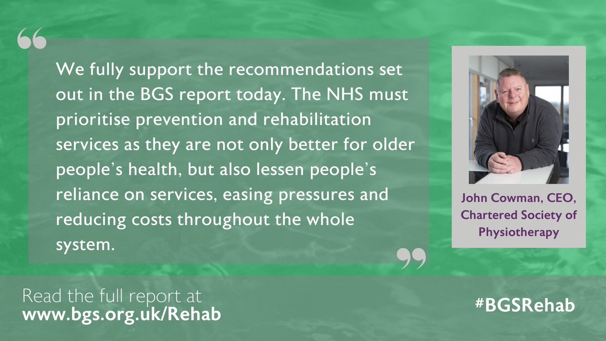 Chartered Society of Physiotherapy (CSP) (@thecsp) on Twitter photo 'Reablement, Rehabilitation, Recovery' - a new report from the British Geriatrics Society (BGS) <a href="/GeriSoc/">British Geriatrics Society</a>
It sets out what high-quality rehabilitation looks like, how it should be delivered and explains why it's everyone's business!
Read the report at: bgs.org.uk/Rehab 'Reablement, Rehabilitation, Recovery' - a new report from the British Geriatrics Society (BGS) <a href="/GeriSoc/">British Geriatrics Society</a>
It sets out what high-quality rehabilitation looks like, how it should be delivered and explains why it's everyone's business!
Read the report at: bgs.org.uk/Rehab