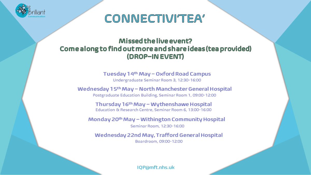 Our Connectivi'tea' networking event buzzes over to Wythenshawe today! Do you want to share good practice and discuss Call To Actions whilst drinking tea? Then head on down and connect with your colleagues 🐝 📷 #BeeBrilliant @Richardthenurse @WythenshaweHosp