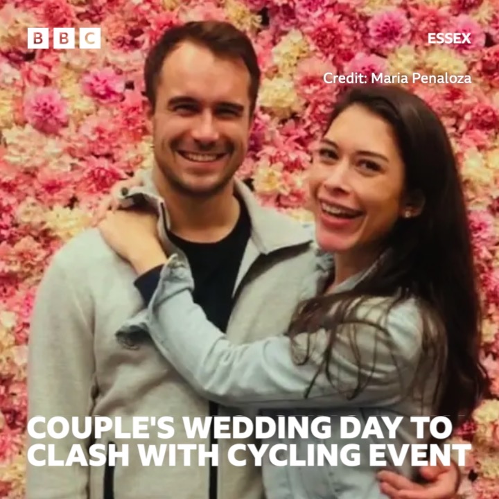 A married couple-to-be have had to factor in the unusual scenario of more than 100 cyclists whirring past the church on their big day. bbc.in/3V3mmnd