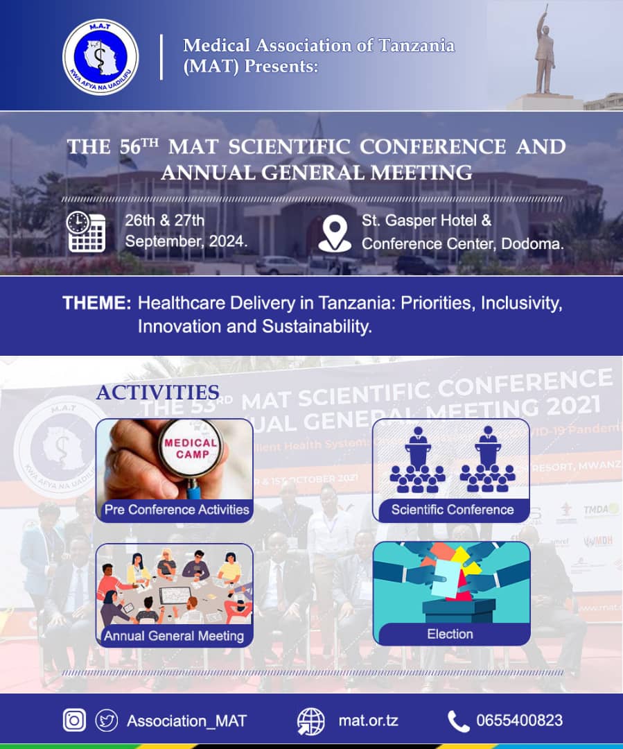 ANNOUNCEMENT: Our 56th Scientific Conference & Annual General Meeting will be held in Dodoma on 26th & 27th September 2024. Registration is officially opened. To register follow this link: docs.google.com/forms/d/1vEJzn… #MATScientificConference2024