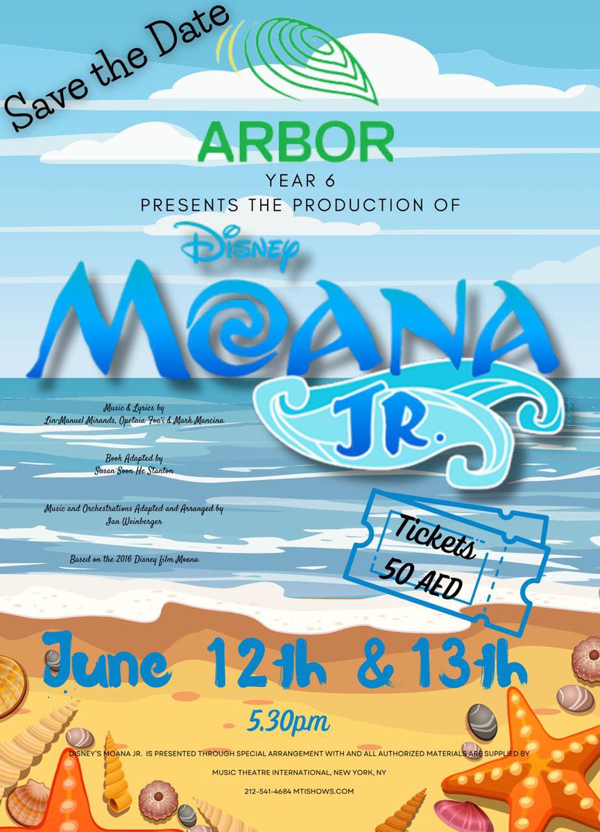 Year 6 | The Arbor School (@arboryear6) on Twitter photo SAVE THE DATE!!!!! 
Year 6 are excited to present to you Moana Jr!!!! 
Information about ticket sales will be released next week. SAVE THE DATE!!!!! 
Year 6 are excited to present to you Moana Jr!!!! 
Information about ticket sales will be released next week.