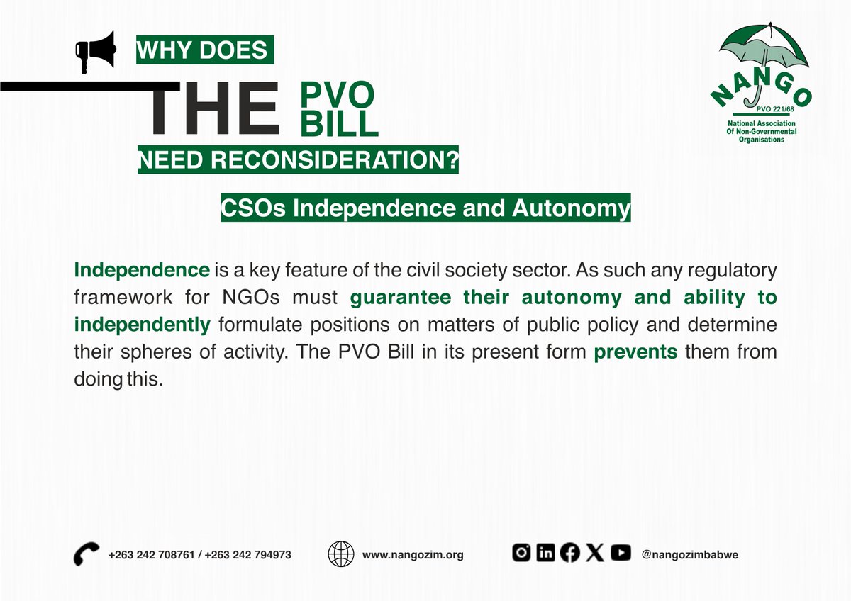 Why does the PVO Amendment Bill need reconsideration? Independence is key for civil society. The current PVO Bill prevents this. Join us in advocating for an enabling environment for civil society in Zimbabwe. #CivicSpaceMatters #PublicParticipation #SpeakOut