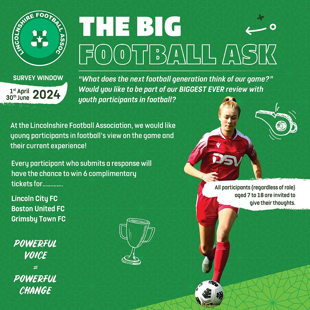 Join The BIG Football Ask and let voices aged 7-18 shape the future of the game! 📢 🎉 WIN tickets to @LincolnCity_FC, @officialgtfc, or @bostonunited by empowering your child to voice their thoughts! 😍 🔗 Dive in: tinyurl.com/5dxrrk2y