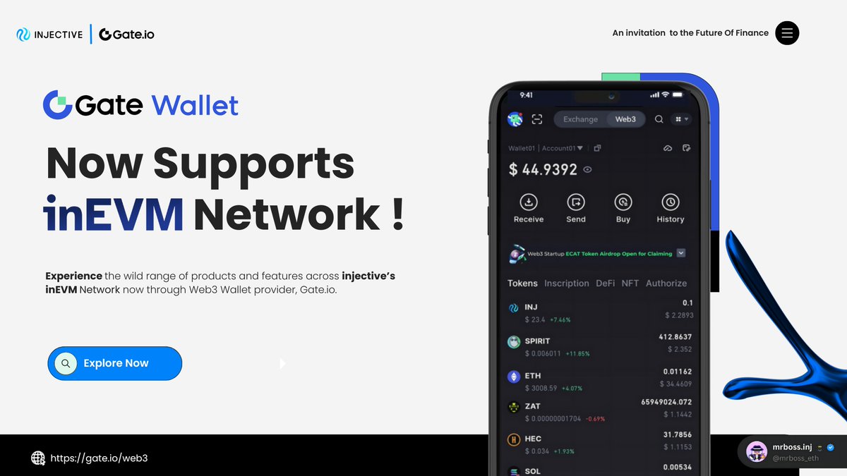 @GateWeb3Wallet, one of the Emerging Web3 wallet provider, now supports @Injective's EVM-compatible rollup, inEVM 🥷🏼.

Web3 enthusiasts can now seamlessly access a wide variety of DeFi Apps built on the inEVM network directly through the Gate Web3 Wallet🧑🏻‍💻.

#Injective #gate_io