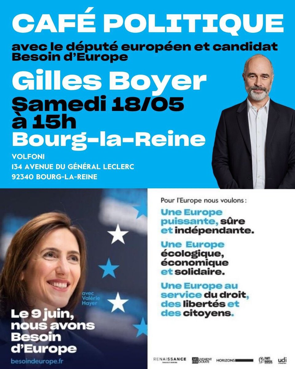 Venez échanger avec @GillesBoyer député européen et candidat aux #electionseuropeennes2024 
Le 9 juin on vote ! 1 jour, 1 tour.
@HorizonsBLR @HorizonsLeParti