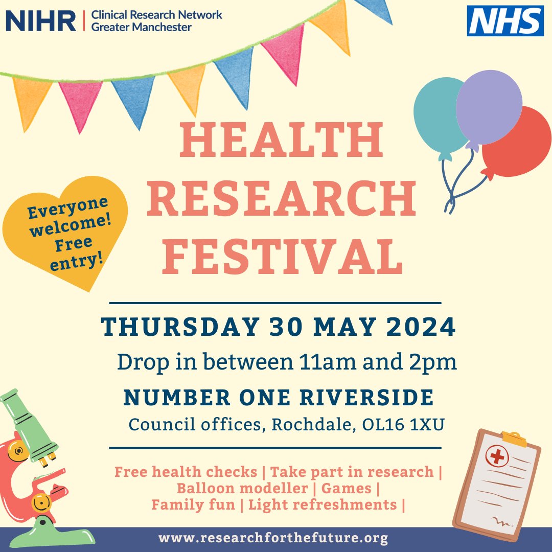 We're really looking forward to holding our latest Health Research Festival!  

📍Number One Riverside, Rochdale
🗓️May 30, 11am-2pm
🤝In collaboration with @NCAresearchNHS 

A fantastic opportunity to #BePartOfResearch and meet organisations from Rochdale's health & care system.