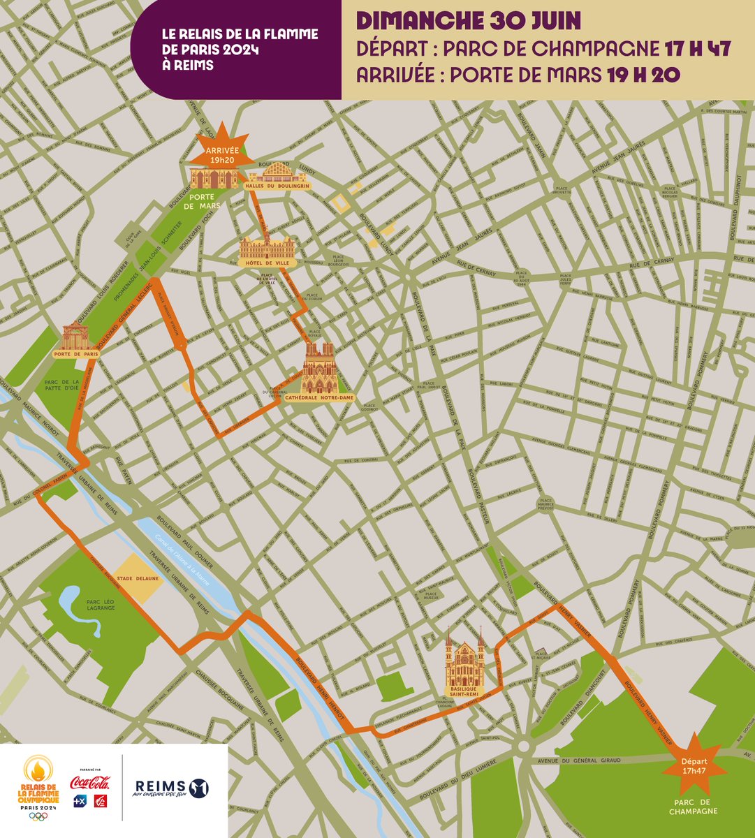VilledeReims's tweet photo. Relais de la #FlammeOlympique à Reims : le parcours dévoilé ! Rendez-vous le 30 juin prochain, la Flamme partira à 17h47 du parc de Champagne pour arriver à 19h20 à la porte de Mars. => Plus d'infos https://t.co/QRZsDtQyQR #TerreDeJeux2024 https://t.co/sDbyFo1idh