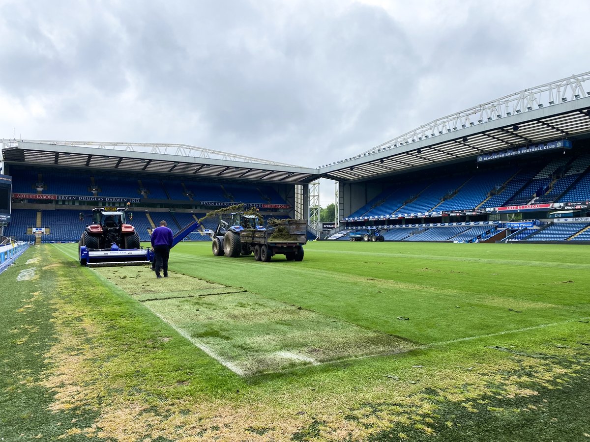 🚜 Work is underway to prepare the pitch for the new season at Ewood. #Rovers 🔵⚪️