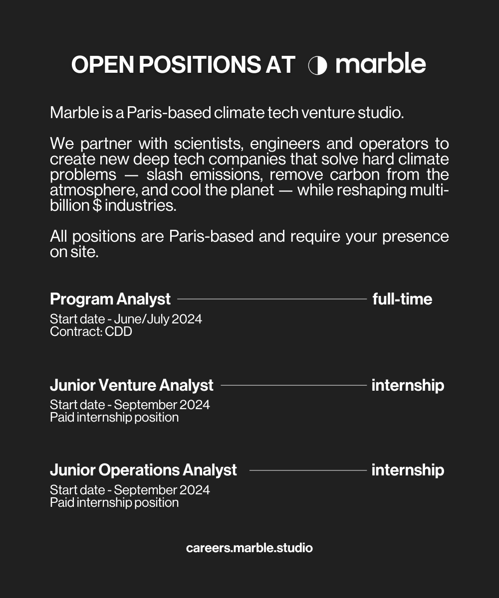 We're hiring!

Open full time and internship positions in our HQ in Paris!

Apply now: careers.marble.studio

Nous recrutons de nouveaux stagiaires pour notre bureau à Paris !

#stagiaires #stage #etudiant #stageetudiant #alternance #ventureanalyst #internship #paidinternship