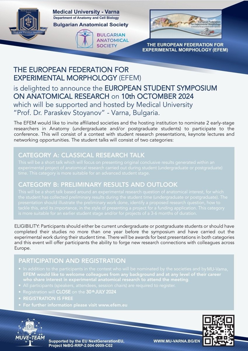 👇✨️THE EUROPEAN FEDERATION FOR EXPERIMENTAL MORPHOLOGY (EFEM) is delighted to announce the EUROPEAN STUDENT SYMPOSIUM ON ANATOMICAL RESEARCH on 1Oth OCTOMBER 2024 which will be supported and hosted by Medical University 'Prof. Dr. Paraskev Stoyanov' - Varna, Bulgaria. 1/3